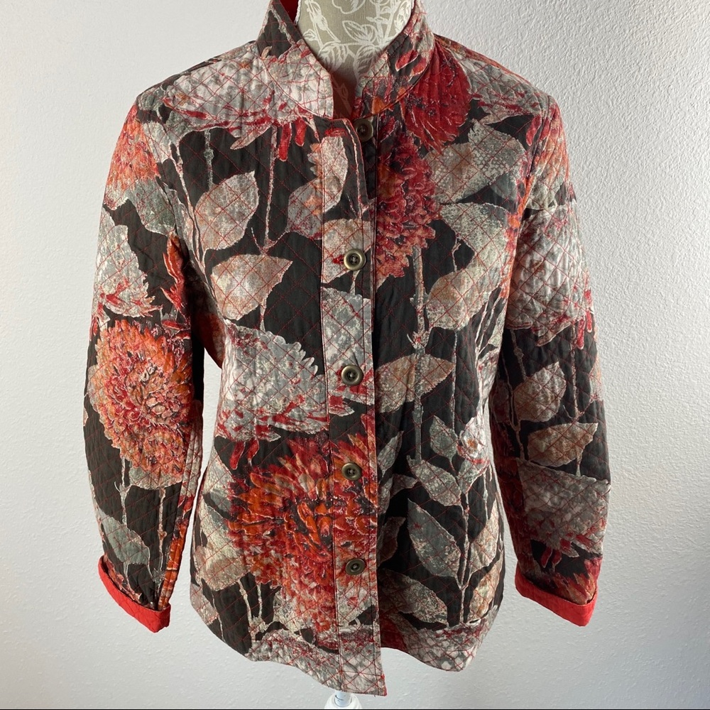 Chico’s Quilted Jacket Floral Orange Brown 1 8